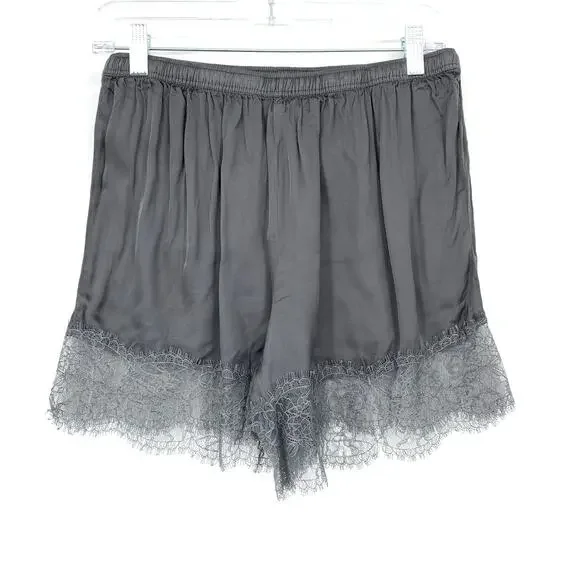 By Anthropologie Satin + Lace Pajama Set Cropped Top W/Shorts Gray Size Medium - Picture 3 of 13